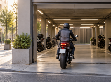 Motorista accediendo a un aparcamiento cubierto desde una calle urbana genérica