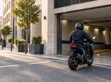 Motorista accediendo a un aparcamiento cubierto desde una calle urbana