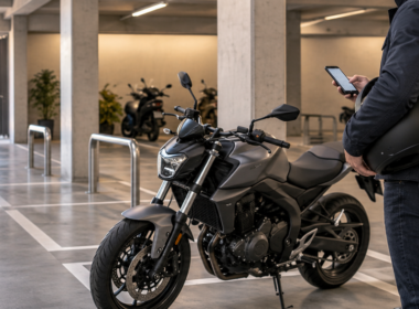 Motorista consultando en el móvil opciones de parking mensual junto a su moto en un aparcamiento cubierto