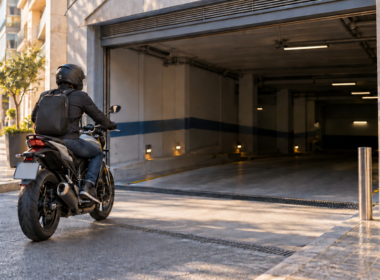 Motorista entrando en un aparcamiento cubierto de una calle urbana mediterránea