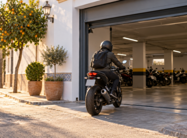 Motorista entrando en un aparcamiento cubierto desde una calle urbana luminosa