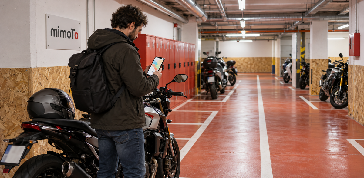 Motorista consultando las fuentes oficiales de ZBE en el interior de un parking MimoTo